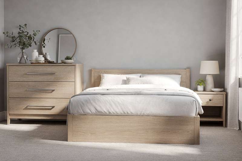 Wooden chest of drawers and matching bedside table in a bright modern bedroom setting.
