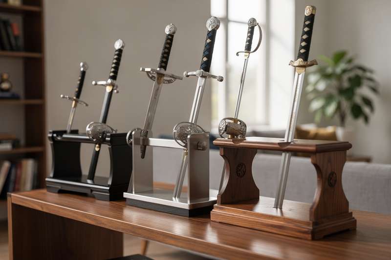 Premium display stands showcasing collectible swords arranged in a curated home exhibition setting.