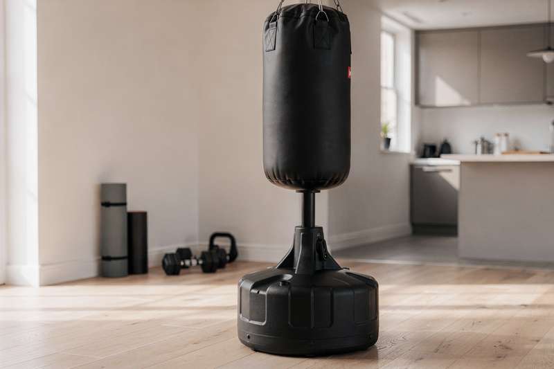 Heavy duty punch bag suspended in a home gym setup with mounting hardware visible.