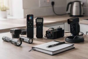 Essential paranormal investigation tools and devices arranged for UK ghost hunters and supernatural researchers.
