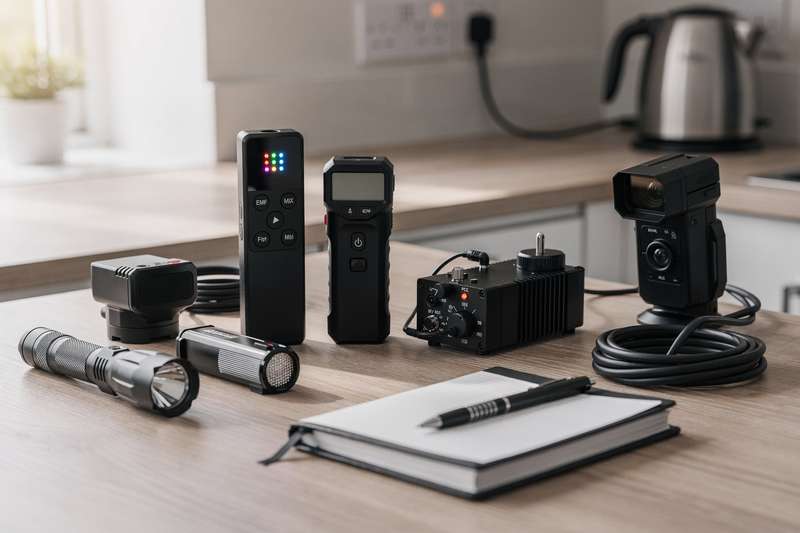 Essential paranormal investigation tools and devices arranged for UK ghost hunters and supernatural researchers.