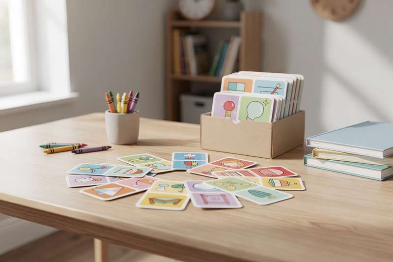 Colorful flashcards spread across a desk for studying and memorizing educational content.