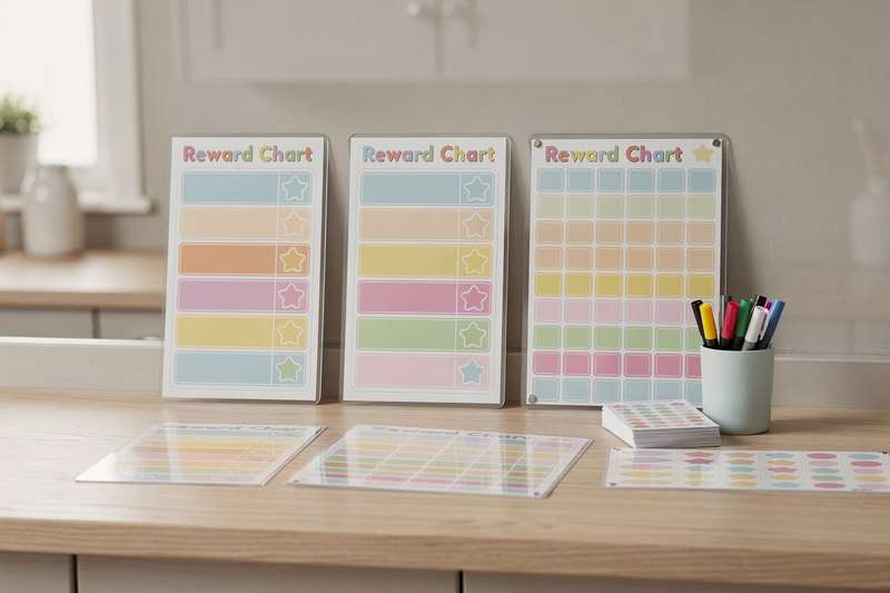 Colorful reward chart examples displaying sticker systems and achievement tracking methods for motivating children.