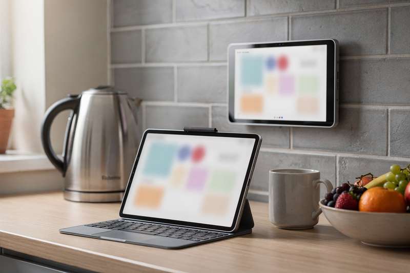Family members viewing a shared digital calendar on tablet and smartphone devices.