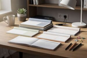 Assorted planning pads and notepads arranged on a wooden desk workspace.