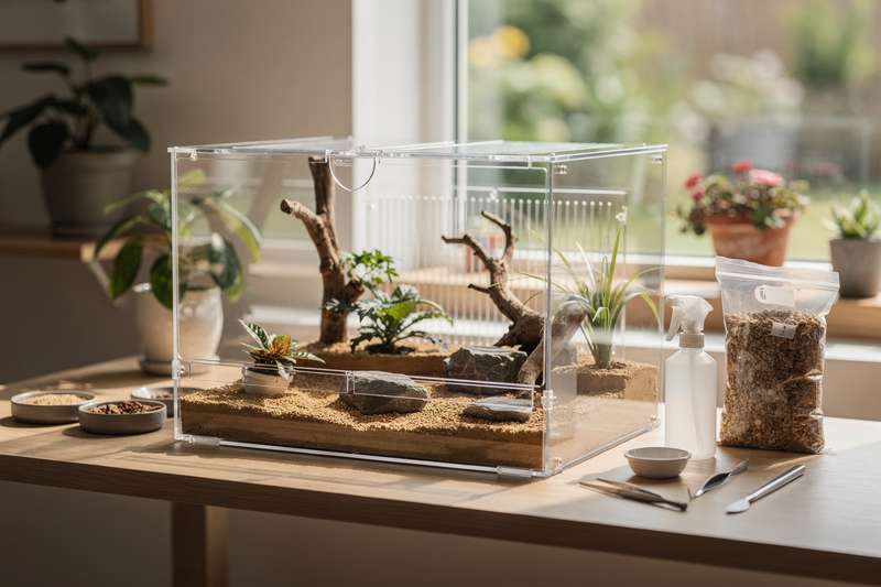 Assorted habitat kits displayed showing enclosures designed for reptiles, insects and small wildlife creatures.